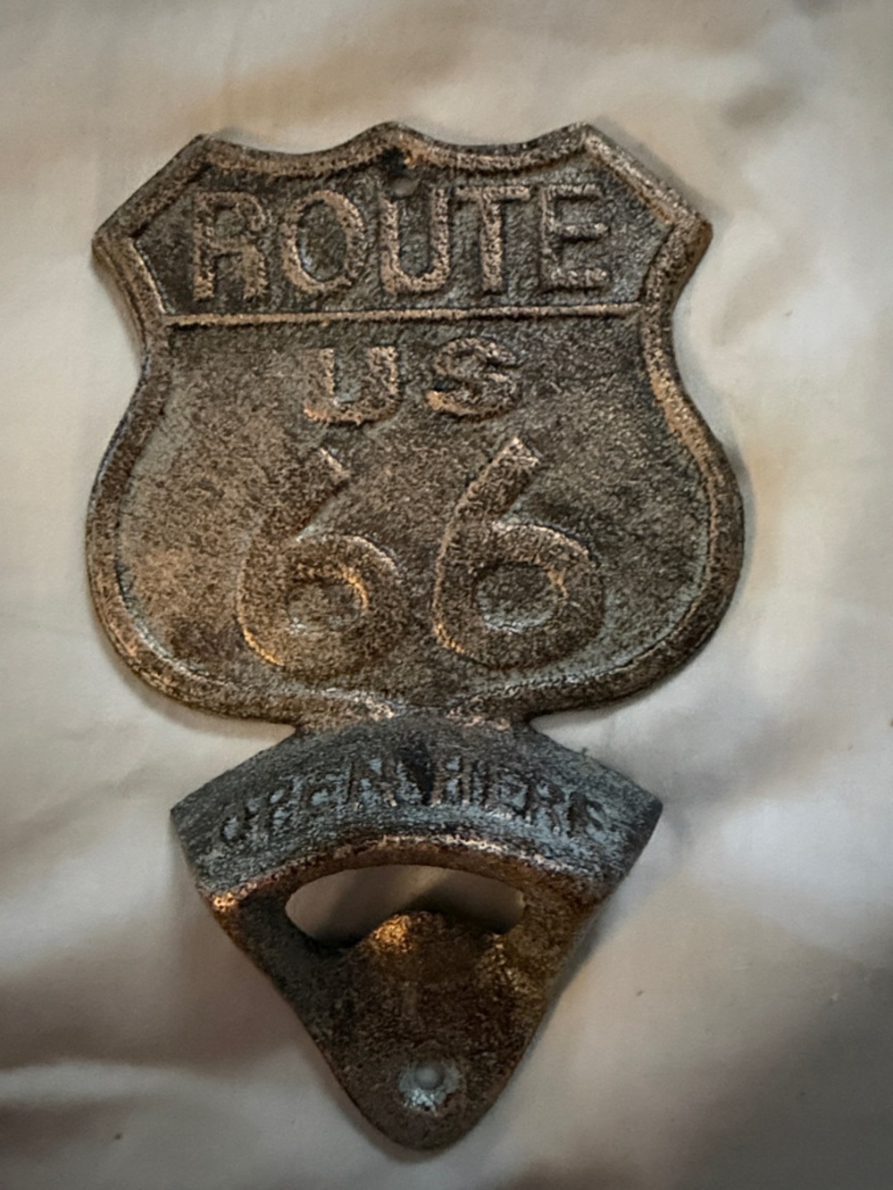 Route 66 Cast Iron Wall Bottle Opener - Rustic Black/Bronze